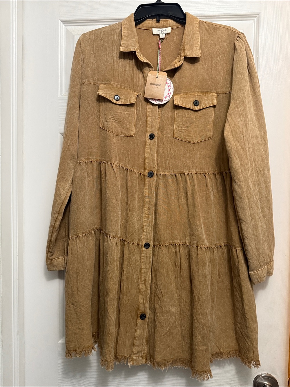 Umgee Mustard Brown Tiered Button-Front Shirt Dress Sz S